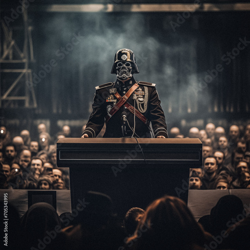 AI-Generated Retrofuturistic Dictator at a Meeting Podium