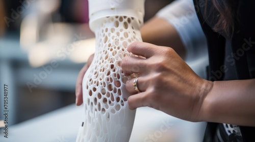 Closeup of a 3Dprinted prosthetic being evaluated by a team of professionals for durability and effectiveness in assisting with everyday tasks.