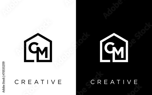 modern CM letter real estate logo in linear style with simple roof building in blue