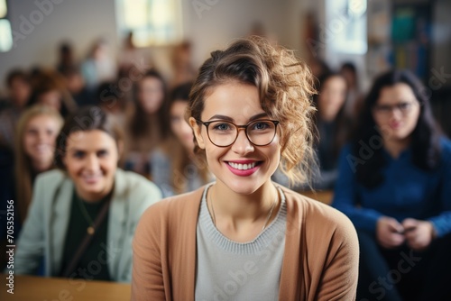 Confident young female student smiling in a classroom