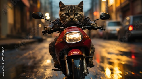 Cat riding a motorcycle in the rain