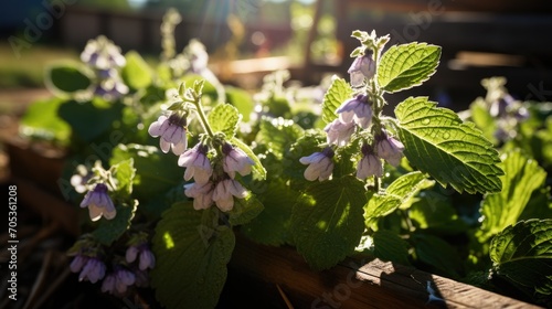 patchouli growing in garden at sunny day.