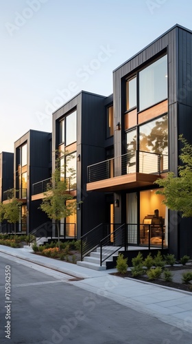 Contemporary modular black townhouses with a private design. Exterior showcasing modern residential architecture
