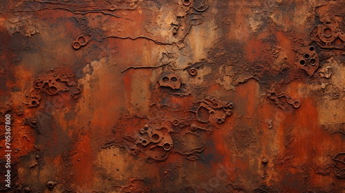 Rusty and corroded metal machinery or iron wall background. Peeling paint. Faded red. Close up. Generative AI
