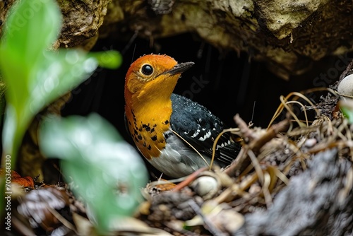 Beautiful portrait of the Orange-headed Ground Thrushes guarding the nest on the ground AI Generative