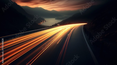 Car lights streaking down a highway at night AI generated