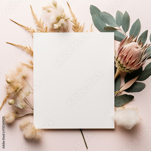 wedding flat lay, collection of objects of white invitation paper, envelop, protea flower, pampas grass, eucalyptus - Generative AI