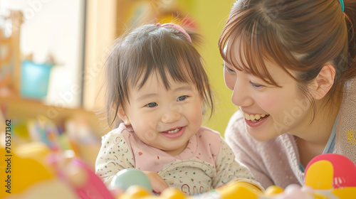 日本の幼稚園児と先生/親子がカラフルな木製のおもちゃで笑顔で遊んでいる写真、背景保育ルーム、木育/幼児教育