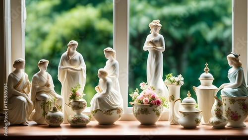 the whimsy of a porcelain figurine collection arranged artfully on a windowsill. 