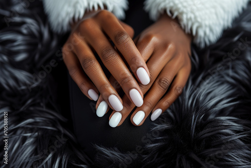 Hand of a black woman posing with white nail polish, to nail salon advertisement