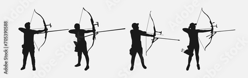 set of silhouettes of archery athletes with different poses, gestures. isolated on white background. vector illustration.