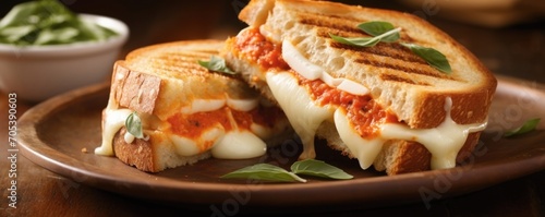This closeup shot highlights a grilled cheese that pays homage to the classic combination of tomato soup and the beloved sandwich. Thick slices of sourdough bread hug a heavenly mix of mozzarella,