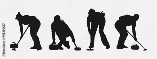 set bundle of curling sport silhouettes. vector illustration.