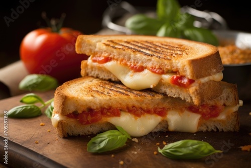 This mouthwatering shot captures a gourmet grilled cheese that combines savory flavors of Gouda and smoked gouda cheeses, topped with slices of juicy tomato and a sprinkle of fresh basil
