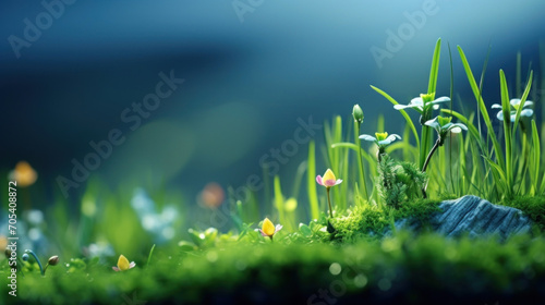 A magical close-up of a miniature garden with morning dew on grass and tiny blooming flowers.