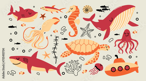 Set of sea and ocean animals turtle, squid, fishes, whale, octopus, submarine cartoon vector illustration