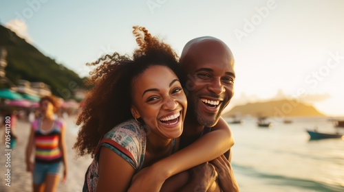 A Black couple, travel and beach fun while laughing on sunset nature adventure and summer vacation or honeymoon with a piggy back ride. Comic, energy and black man and woman love on ocean holiday.