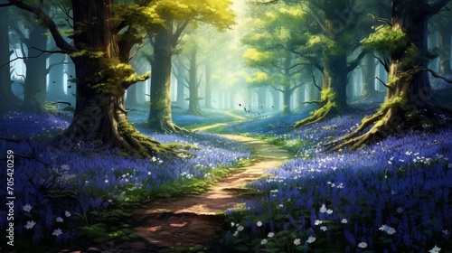 the elegance of a serene forest with a carpet of bluebells stretching into the distance