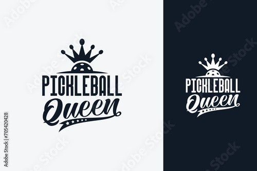 pickleball queen text art with beautiful lettering and a crowned ball. This is suitable for t-shirts, stickers, posters, etc.