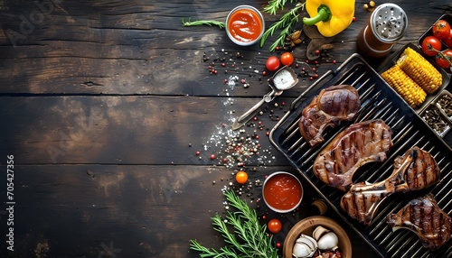 Grill background with bbq meat with vintage kitchenware kitchen utensils and sauces and ingredients for grilling on rustic wooden, top view with copy space, banner
