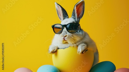 Pop Art rabbit in a dynamic pose with flashy sunglasses, popping out of an Easter egg