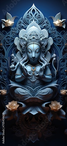 Blue Tara statue with lotus flowers