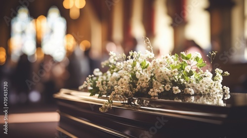 Black coffin in the church, funeral process with blurred relatives on background