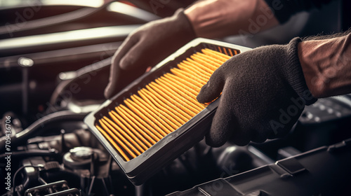An automotive mechanic's skilled hand expertly swaps the air filter within the car's engine compartment—a glimpse into meticulous car maintenance and professional expertise