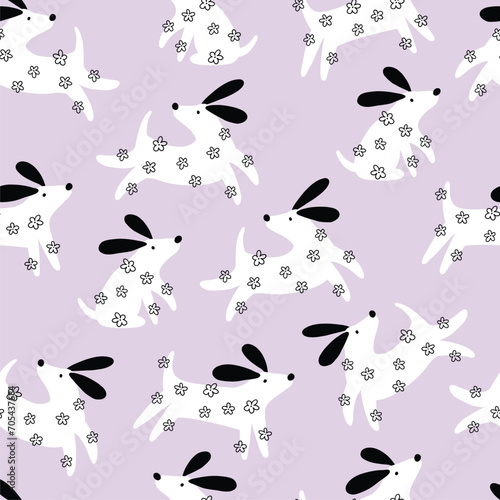 Cartoon Spring dog - vector illustration in flat style. Seamless pattern with pet