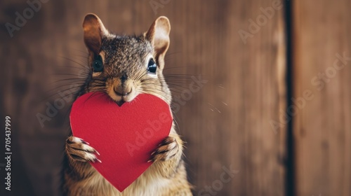  a squirrel holding a red heart in front of a wooden wall and looking at the camera with a serious look on his face.