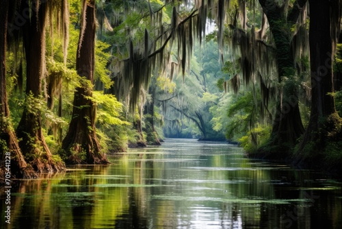 A beautiful lake enclosed by lush green trees adorned with moss., A serene bayou with Spanish moss hanging from the cypress trees, AI Generated
