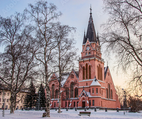 The view of the Kemi Church covered by snow in winter