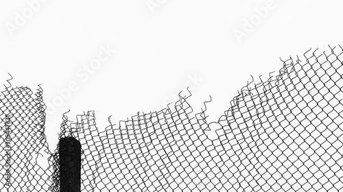 black silhouette of Chain link fence. Metal Wire Fence. Wire grid construction. High net fence with barbed wire, concrete pole, beam isolated on white background. illustration.