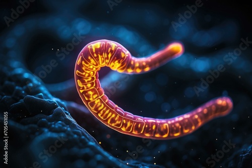 A microscopic parasite worm with a glowing red tail. Generative AI.