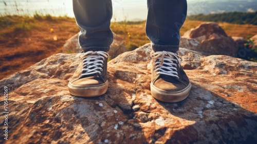 Boy's feet wearing sneakers Close-up walking on rocks In a wide field, lifestyle, soft sunlight