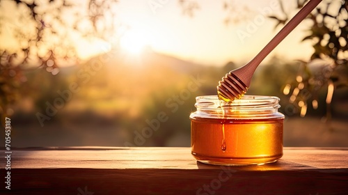 Honey jar in morning light.. Generative AI