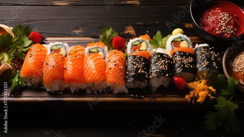 Rustic Japanese sushi. Sushi rolls, nigiri, maki, pickled ginger, wasabi, soy sauce. Top view.