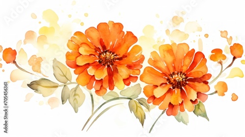 Orange zinnia flowers in watercolor background, card background frame, clipart for greeting cards, save the date. Perfect concept for wedding, Mother's Day, Valentine's Day, 8 March.