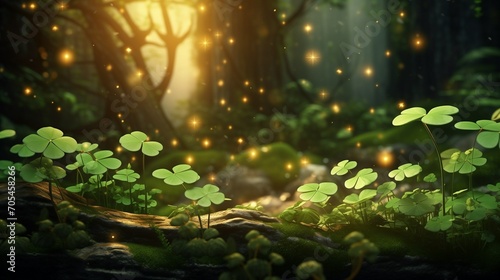 Enchanted Twilight Clover Field with Magical Glowing Lights – Fantasy Forest, St. Patrick's Day Background