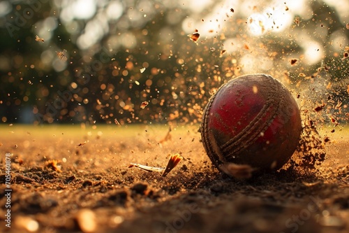 : A cricket ball crashing into the stumps, capturing the intense moment of impact during a bowler's delivery. The wicket is splintered, and the surrounding field is subtly blurred, highlighting the ra