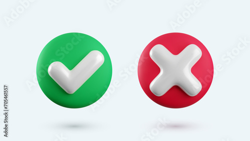 Vector 3d checkmarks icon set. Round glossy yes tick and no cross buttons with shadow. Check mark and X symbol in green and red circle realistic 3d render. Right and wrong sign set.