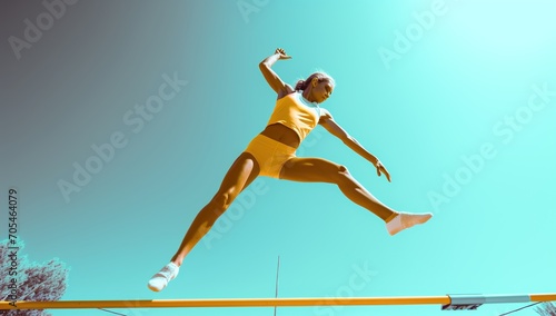 Female athlete jumping over a hurdle during a track and field event