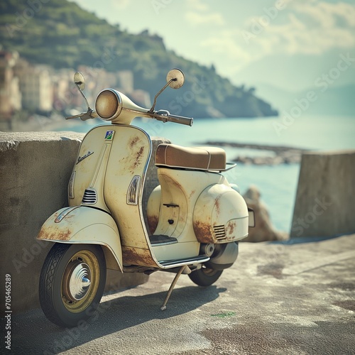 vintage scooter parked on the street with the sea view