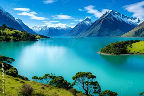 A lake with big mountains and beautiful surroundings and big blue water
