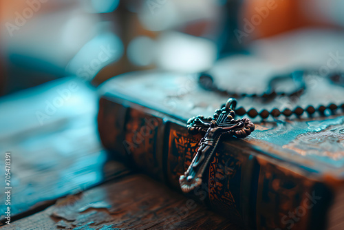 A cross pendant necklace laid on an aged Bible, against a holy cross background with a blurred effect, providing ample copy space.