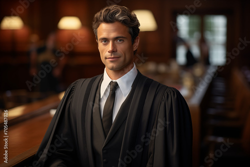 Smiling male lawyer in a lawyer's robe. Justice professions. AI. ​