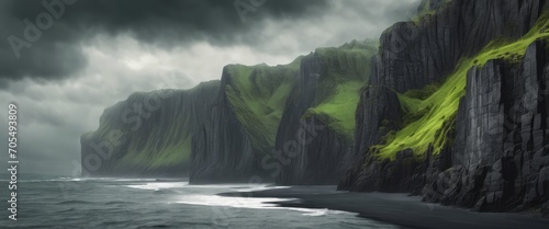 Dark Norwegian cliffs and cloudy sky. Black sand and dark sea.