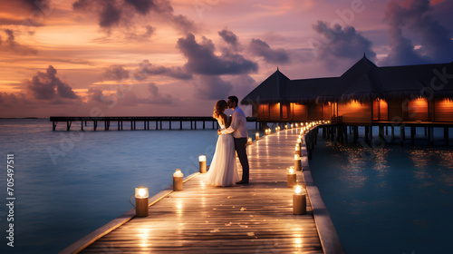 Newly married couple enjoying a romantic honeymoon in the maldives