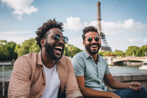 Two men smile while enjoying a quiet moment chatting on the banks of the Seine River
