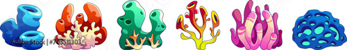 Seaweed and coral cartoon vector illustration set. Underwater ocean and aquarium plants and creatures. Various aquatic colorful marine algae and oceania sponge. Wildlife natural seabed flora.